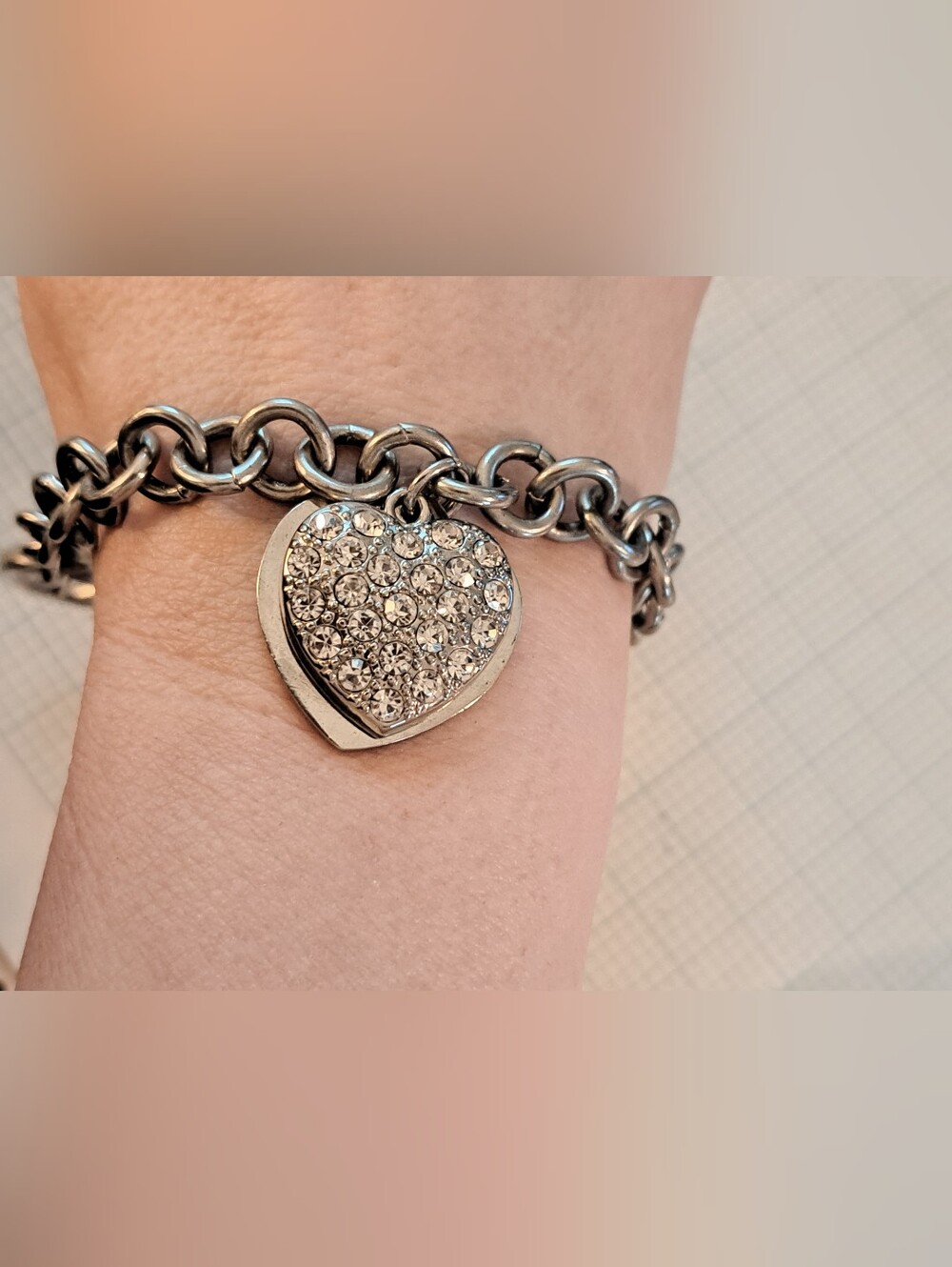 beauticontrol Silver-Tone Heart Charm Bracelet with Clear Crystals